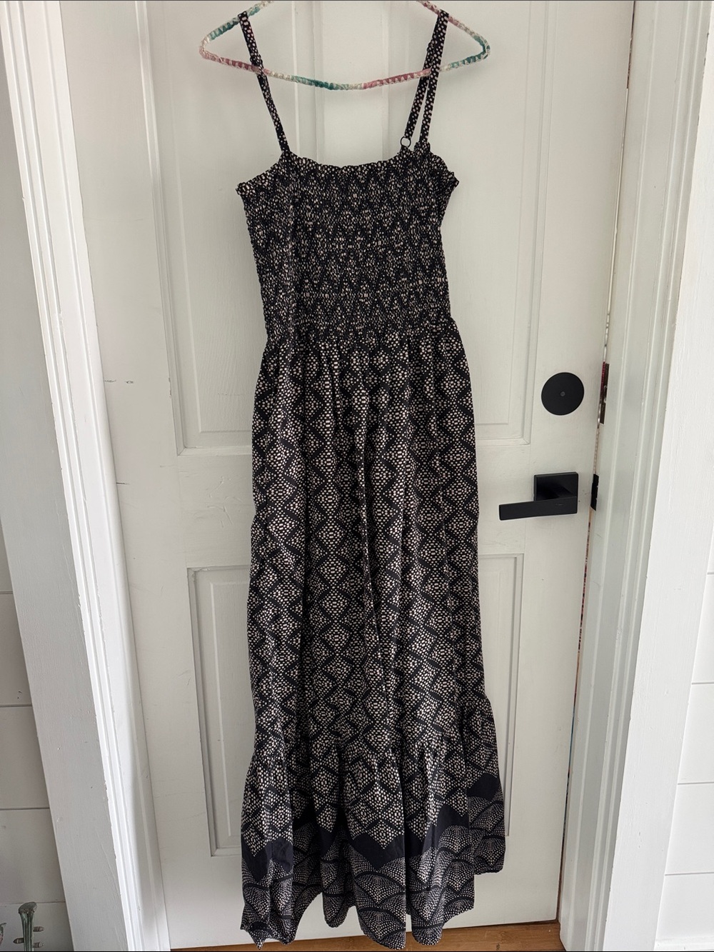 Michael Stars Alejandra Black and Cream Geometric Smocked Maxi Dress pockets M